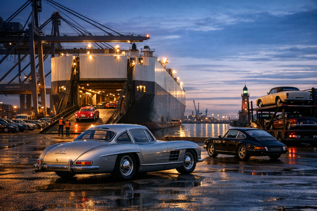 Klassische Sportwagen am Hafen Bremerhaven bereit für den Überseeversand